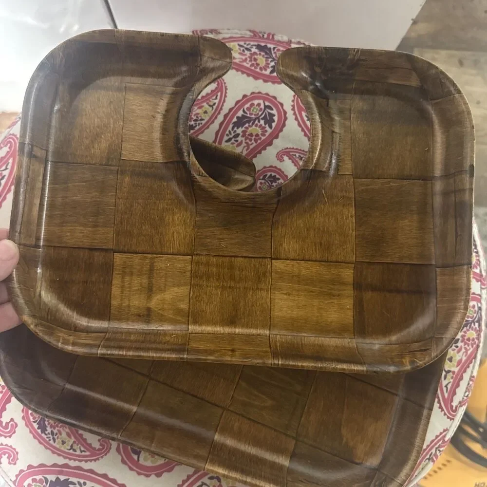 Set of 4 Vintage Mid Century Pressed Woven Patchwork Wooden Snack Trays